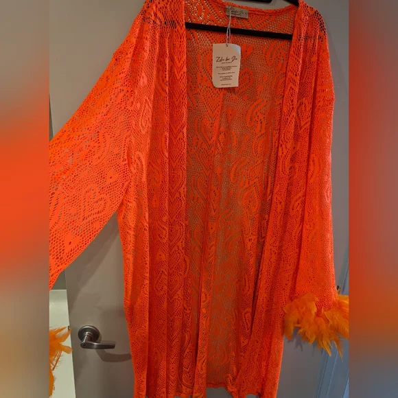 NWT Zelie for She feather trimmed, orange lace/crochet duster Fit Large to 4X - Picture 3 of 6